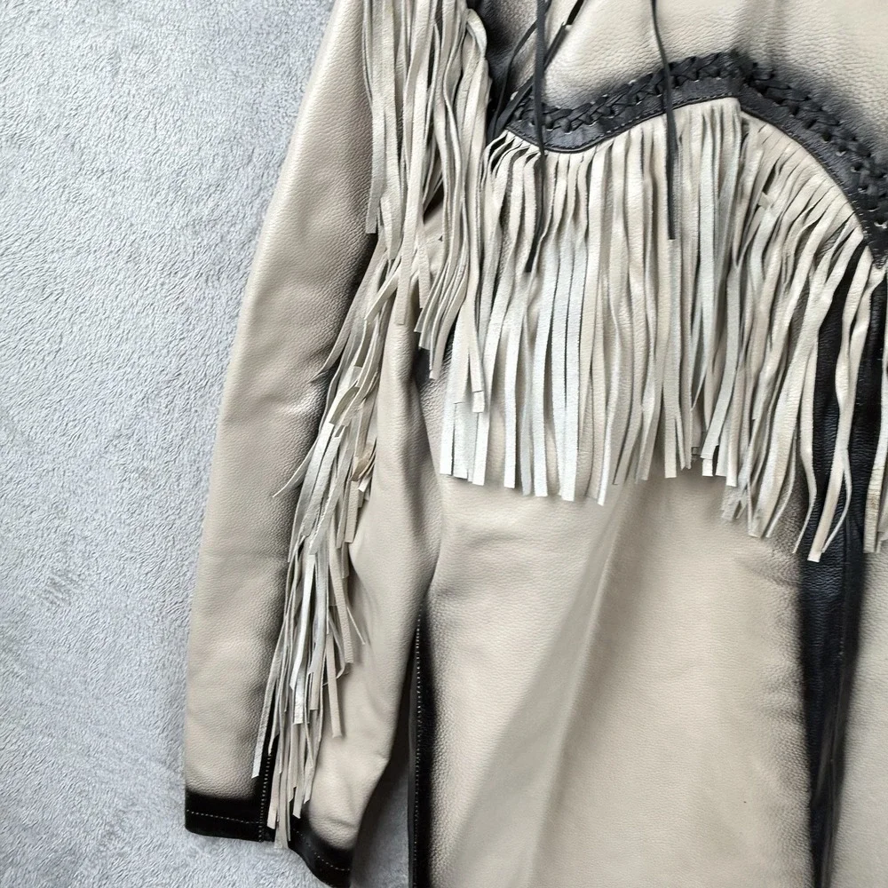 3B West By Tansmith Leather Jacket Size XL Gray Fringe Western Cowboy Aztec - Picture 2 of 15